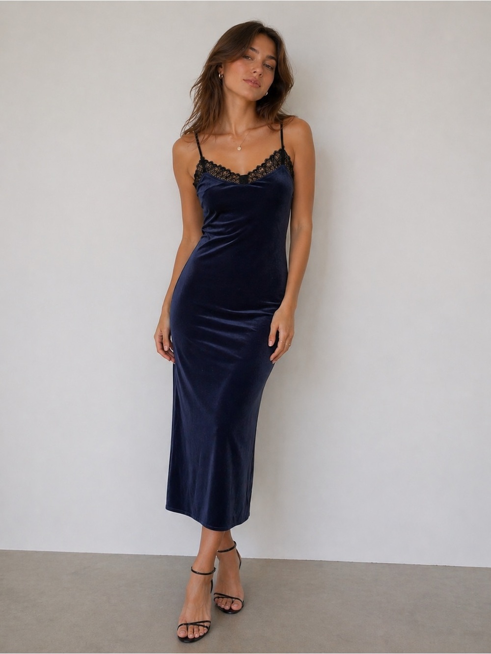 Express Navy Velvet Lace Trim Slip Dress XXS Petite Bodycon Midi